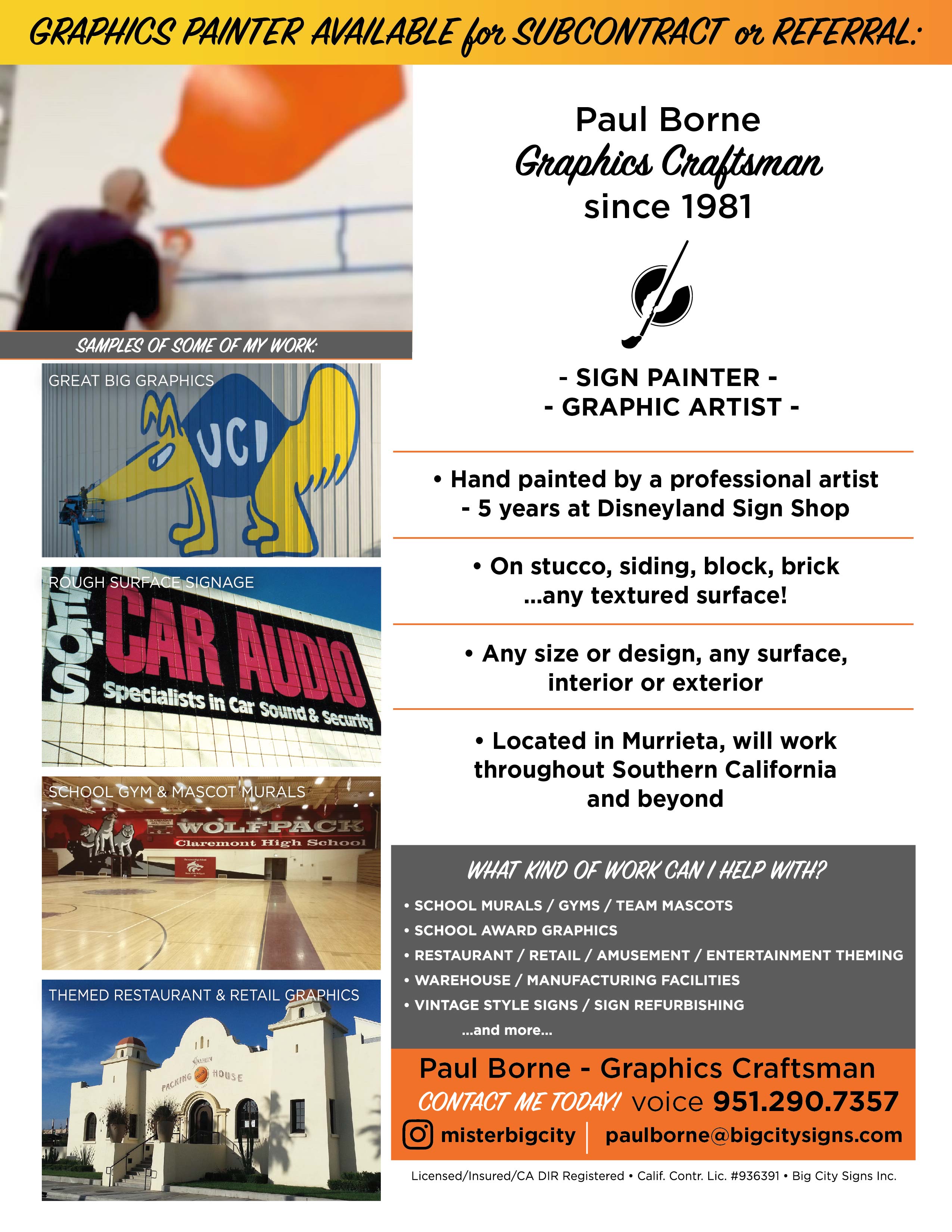 Your Sign Painter flyer - hand painted signs, graphic artist - San Diego, Orange County, Southern California